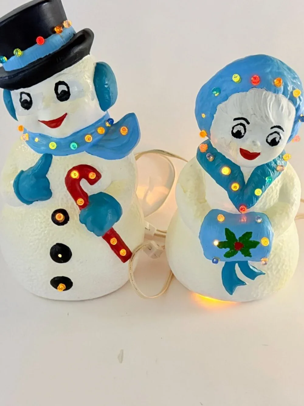 Vintage 90's Hand Painted Ceramic Mr & Mrs Snowman Light Up Holiday Decor